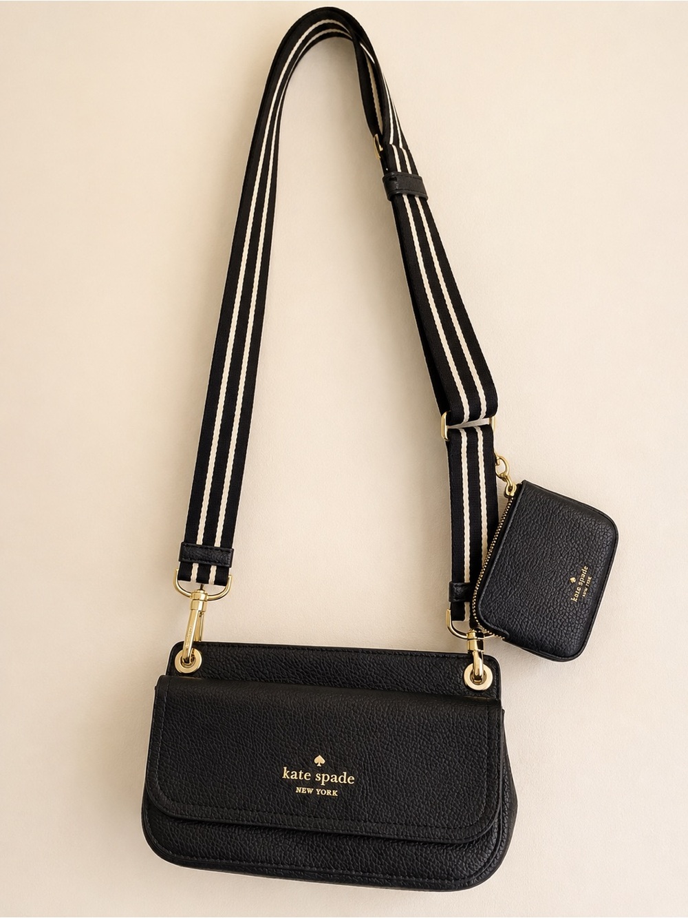 Kate Spade Black pebble Leather Crossbody Bag with Striped Strap & pouch